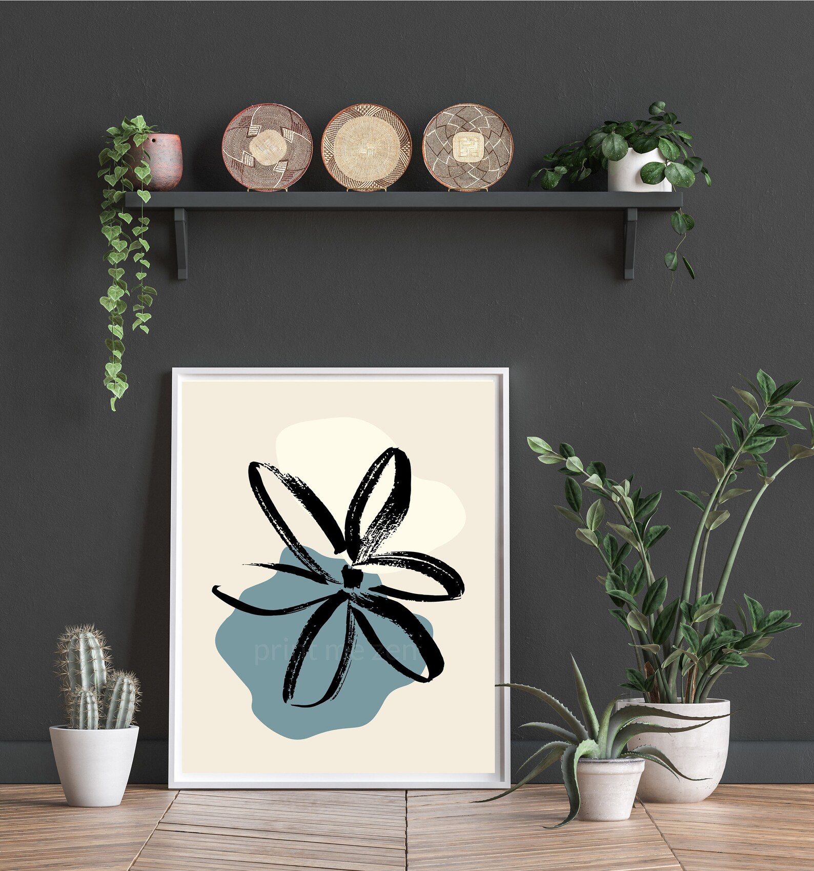 Abstract Flower Print Blue & Beige Wall Art Floral Sketch Etsy