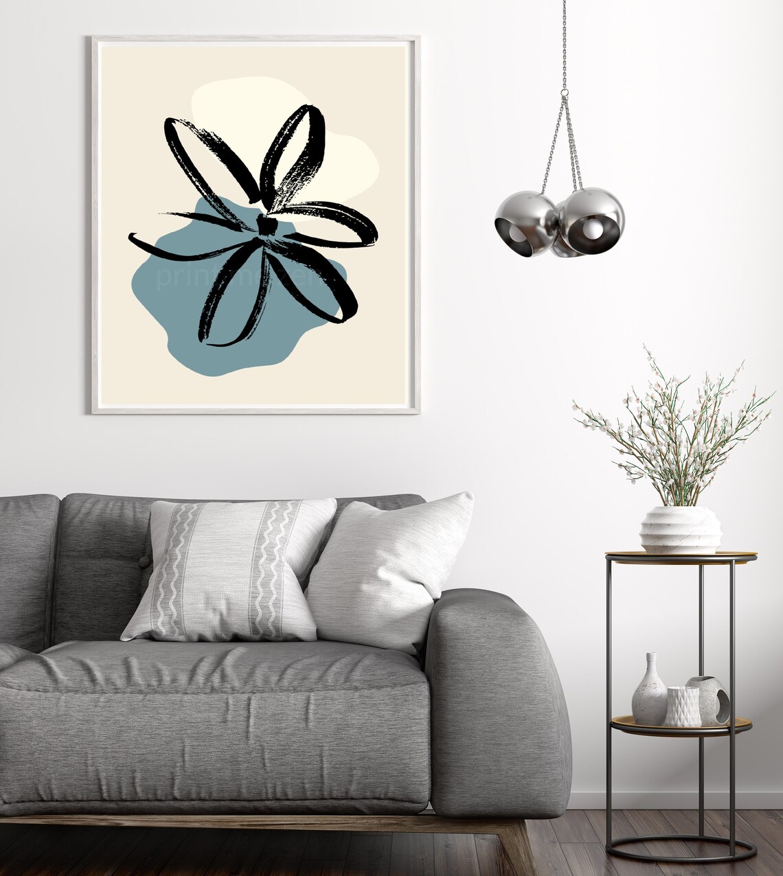 Abstract Flower Print Blue & Beige Wall Art Floral Sketch Etsy