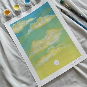 Yellow Clouds Acrylic Painting: 12x9in Watercolor Paper