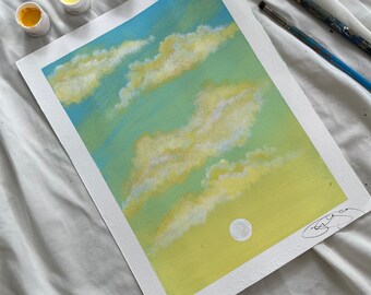 Acrylschilderij gele wolken: 12 x 9 inch aquarelpapier