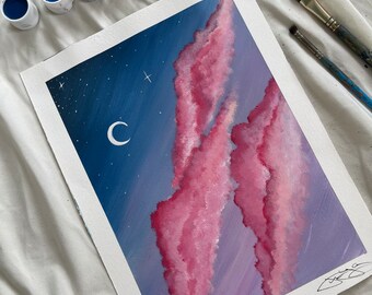 Acrylschilderij roze wolken: dromerige luchtkunst (12 x 9 in)
