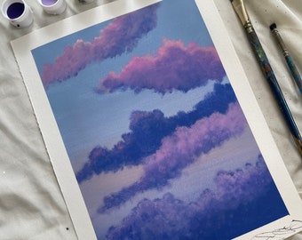 Pintura de cielos púrpuras: Paisaje de nubes acrílico original (30,5 x 23 cm)