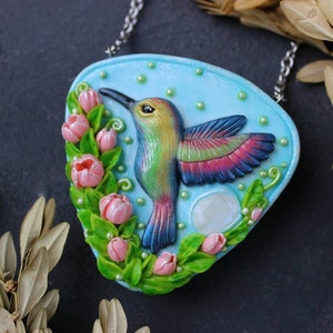 Hummingbird necklace Jewelry with moonstone Sculptural jewelry Pendant with bird and flowers Pendants with stones