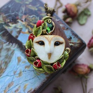 Owl jewelry Pendant with barn owl Bird necklace Nature jewelry with raptor bird Owl head and red flowers