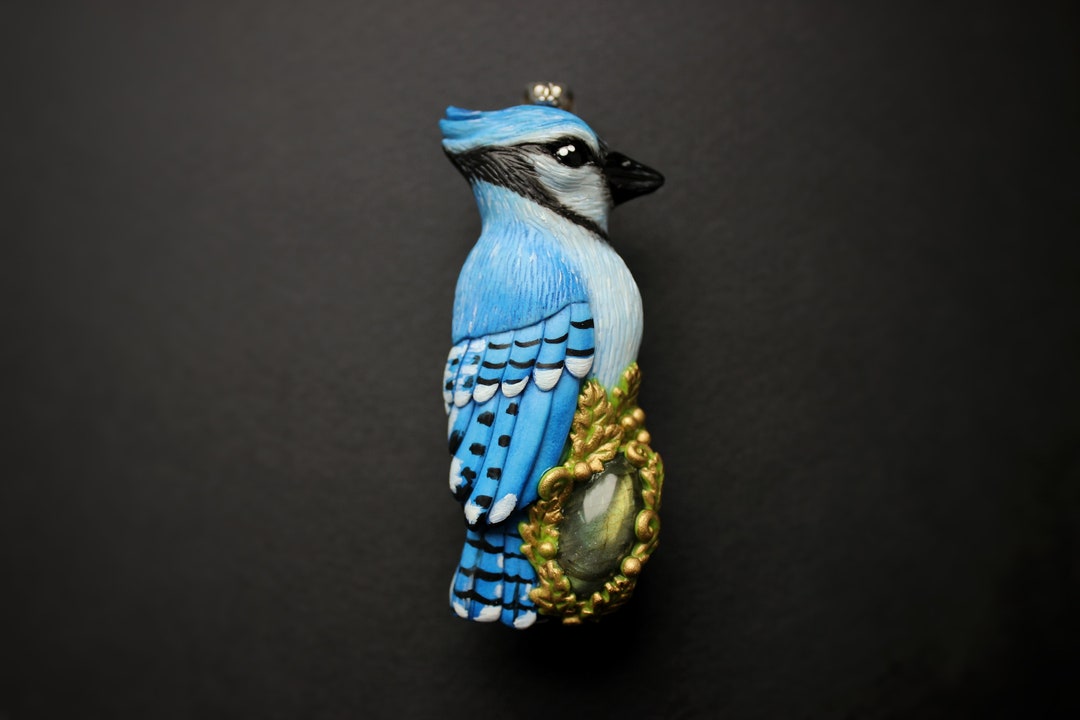 Blue Jay Necklace Pendant With Blue Bird Jewelry With Labradorite