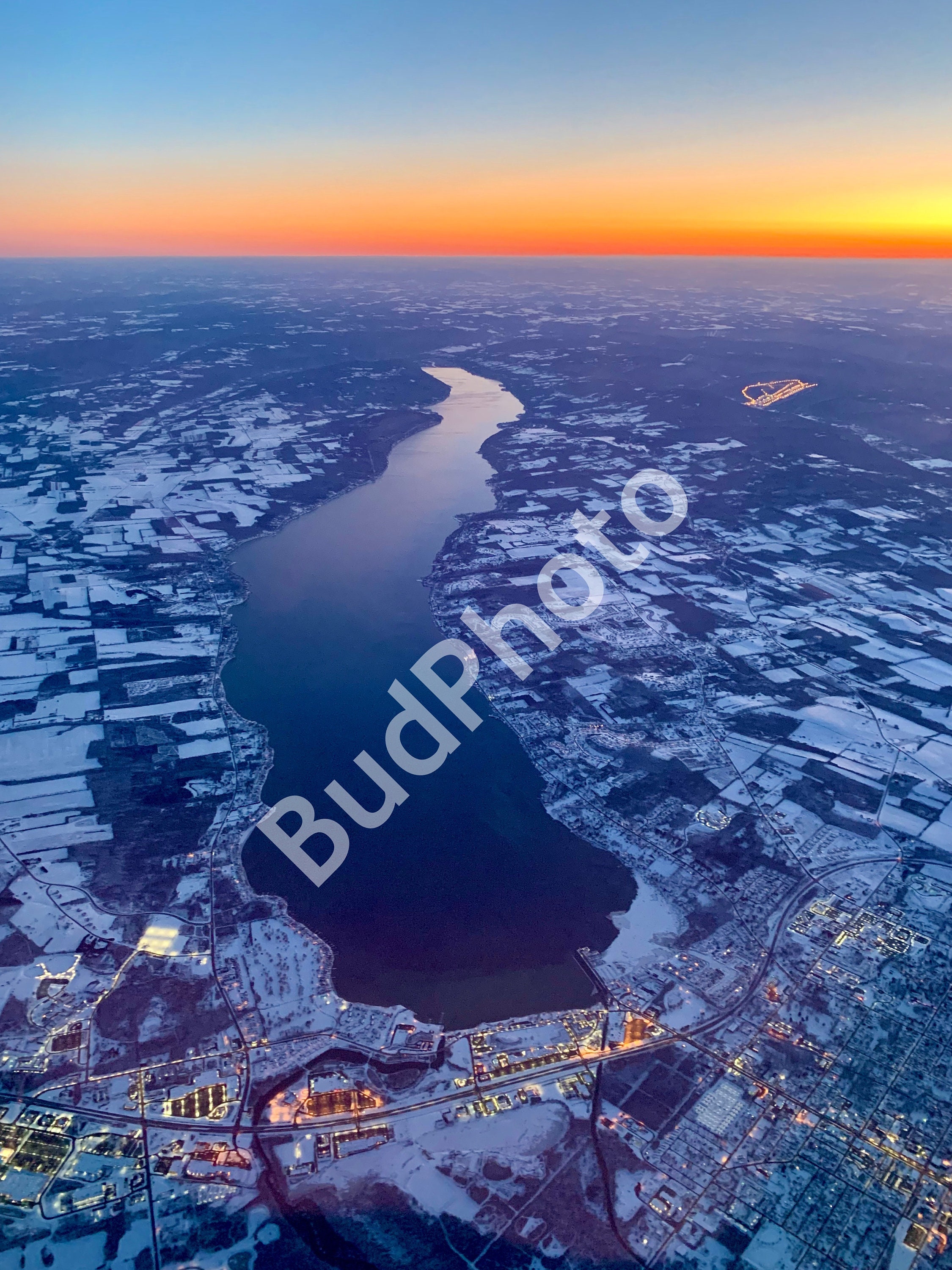 Canandaigua Lake & Bristol Mountain at Sunset Aerial Winter Landscape