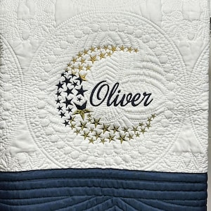 Monogrammed Baby Quilt Embroidered with a Celestial Design on an Heirloom Vintage Nursery Crib  Quilt