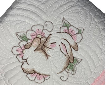 Custom Embroidered Baby Quilt, Personalized Monogrammed Quilt with Bunny or Puppy Design, Heirloom Quilt, Crib Size,  36"X 45"