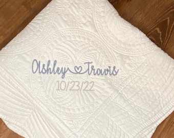 Monogrammed Wedding Heirloom Lap Quilt, Couple Names and Date, Custom Keepsake, Anniversary, Graduation, Appreciation Gift
