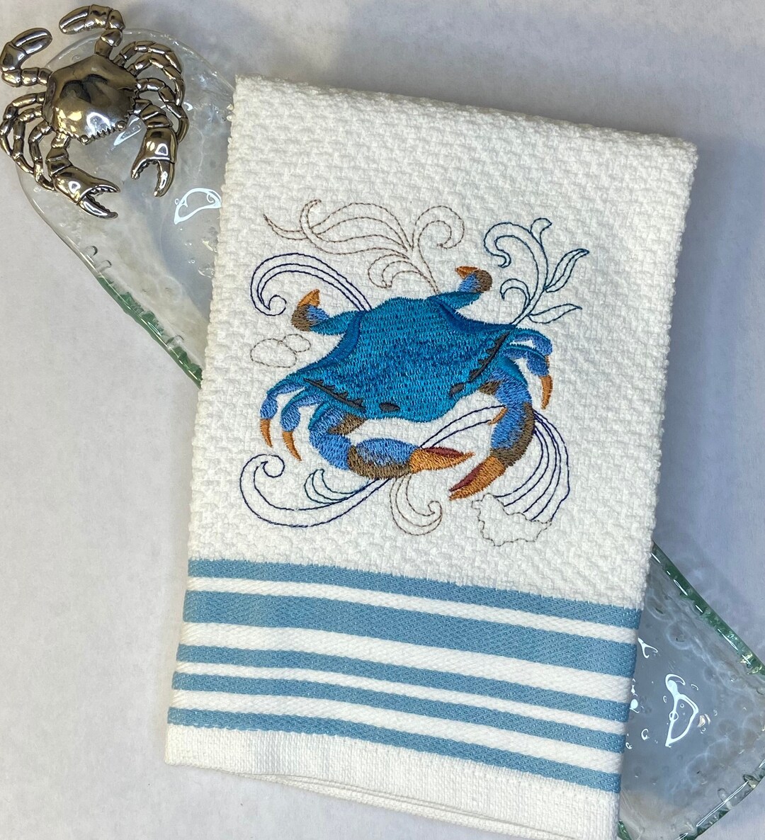 Embroidered Blue Crab Kitchen Towel Embroidered Kitchen Etsy