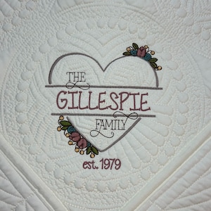 Family Wedding Quilt Custom Embroidered Gift for Couples, Anniversary, Bridal, Housewarming,  Heirloom Vintage Style Lap Size,  50” x 60”