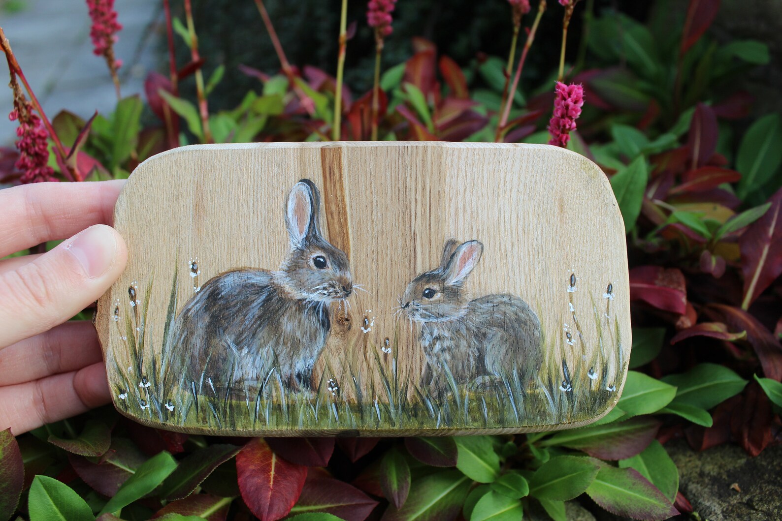 Two hand painted rabbits on a natural oak wooden board mother Etsy