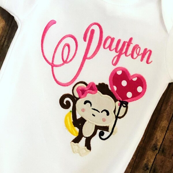 Boutique Customized Girl Monkey with Balloon Personalized Tee Shirt or Bodysuit Applique