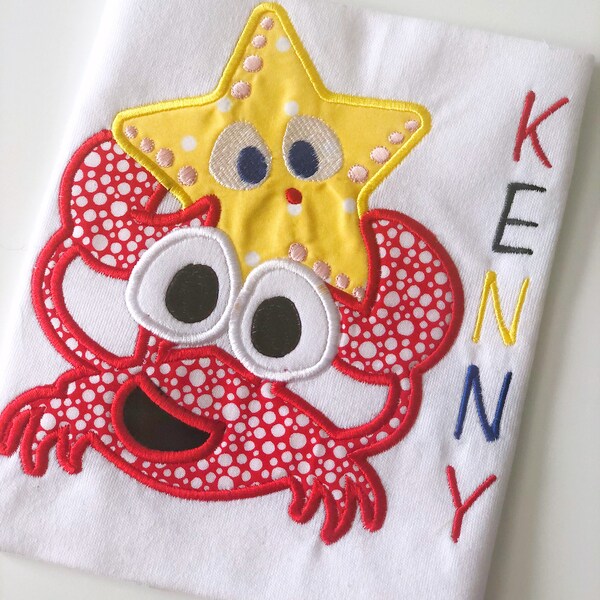 Boutique Customized Crab Starfish Personalized Tee Shirt or Bodysuit Applique Red and Yellow