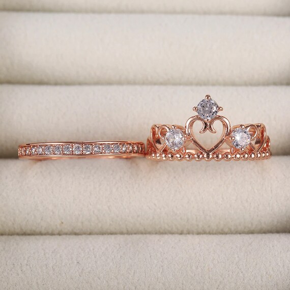 2 Pieces Princess-Queen-Crown Ring Set Princess-Crown Promise Wedding Rings Engagement Castle Ring