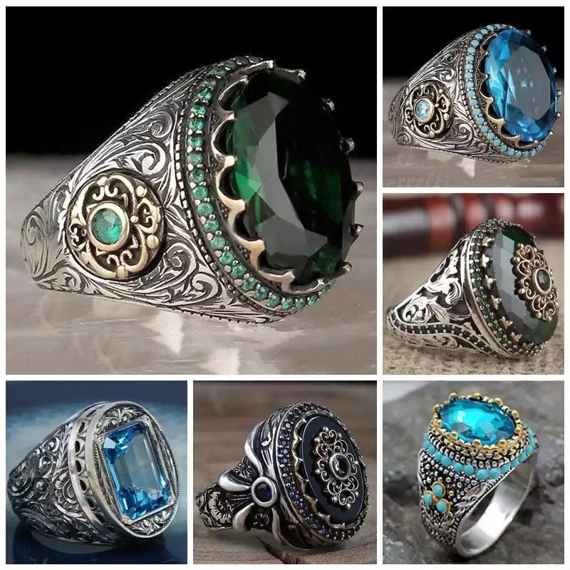 Punk Large Dark Green Stone Ring for Men Vintage Jewelry Etsy