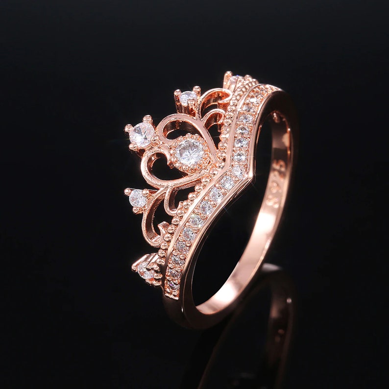 Silver Rose Gold Heart Princess Queen Crown Engagement Ring - Etsy
