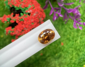 May include: A close-up of a golden-brown oval gemstone with facets. The gemstone is on a white surface.