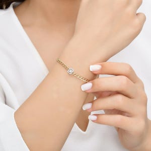 Mini Baguette Diamond Bracelet 14k Gold – Dainty Curb Chain for Women – Solid Gold Stacking Bracelet – Fine Jewelry Gift for Her