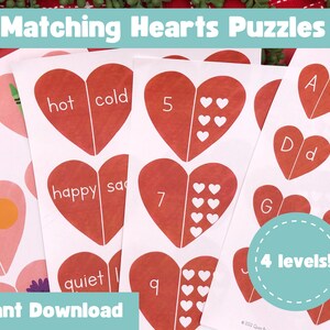 Actividad de aprendizaje del día de San Valentín, juego de emparejar corazones, bolsa ocupada para niños en edad preescolar, centro de aprendizaje de febrero imprimible, colores y números