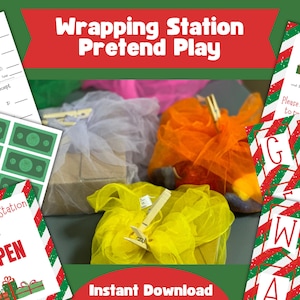 May include: A pretend play wrapping station set with gift bags in yellow, orange, and white tulle. Includes printed receipts, play money, and signs that say "Wrapping Station is Open" and "Gift Wrap". The words "Instant Download" are also visible.