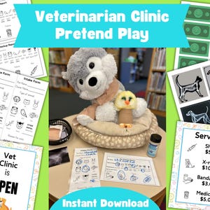 May include: A pretend play veterinarian clinic set with a plush dog and bird, forms, and play money. The set includes a sign that says "Vet Clinic is OPEN" and a sign with services and prices.