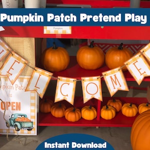 Könnte beinhalten: Ein Pumpkin Patch Pretend Play Set mit einem Banner aus orange-weiß karierten Flaggen, die WELCOME buchstabieren, einem Schild mit der Aufschrift Pumpkin Patch is OPEN und einem blauen LKW-Motiv sowie orangefarbenen Kürbissen im Regal.