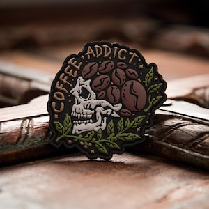 Coffee Addict PVC Patch | 3.5" Waterproof Rubber Morale Patch | Skull Coffee Beans | Hook & Loop Tactical Patch | Coffee Lover Gift