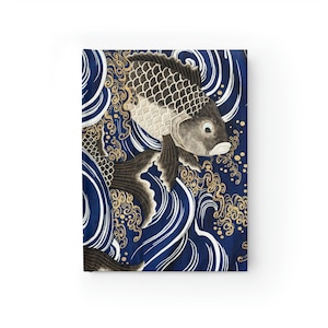 Hardcover Journal Notebook Japanese Koi Fish Blue artwork Painting Animals Vintage Painting Print Blank Pages