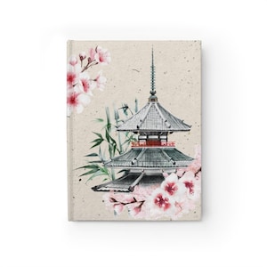 Japanese Castle Brown Watercolor Cherry Blossom Minimalist Hardcover Journal Notebook Diary Notetaker 128 Blank Pages Animals Travel