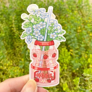 ストロベリーヨーグルトドリンクステッカー、花の春のイラスト、ヤクルト韓国と日本の子供のおやつ、アジア料理ステッカー、ヤクルトステッカー