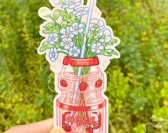 Strawberry Yogurt Drink Sticker, Floral Spring Illustrations, Yakult Korean and Japanese Childhood Snack, Asian Food Sticker, Yakult Sticker