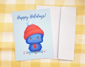 Blue Penguin Happy Holidays Card: Handmade Christmas Greeting (A2 Size)