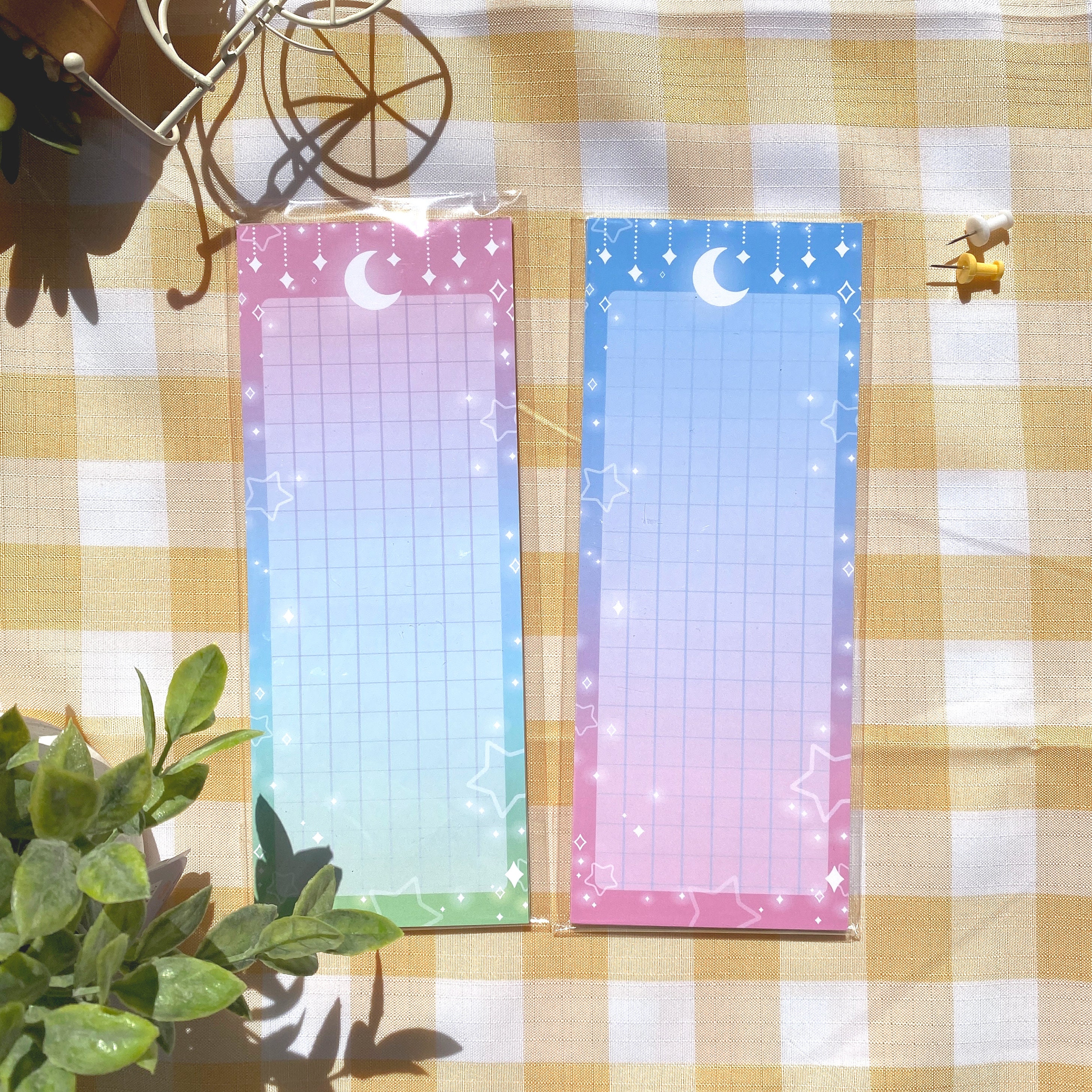 Stars Moon Magical Night Sky Pink Blue Grid Notepad, 50 page, 3.5x9 in, Memo To Do List Aesthetic Stationery Cute Office and School Supplies