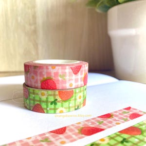 Cinta washi de fresas y margaritas de primavera en rosa o verde para hacer álbumes de recortes, planificadores, diarios, cartas de amigos por correspondencia, cinta decorativa con lindas frutas