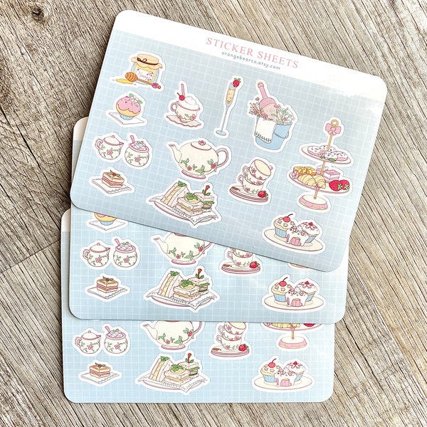 Tea Time Cute Cozy Whimsical Sticker Sheet Stationery | Waterproof Vinyl | Scrapbooks Planners Journal DIY Projects, Cottage Core Tea Party