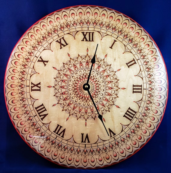 14 inch Pyrography Art Clock with Mandala and Resin, Wood Burning, Home Decor, Wall Hanging,