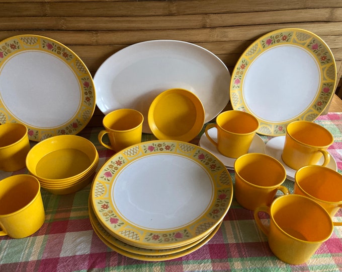 Melamine Yellow Dinnerware Set Plates Cups Platters Bowls Saucers Etsy