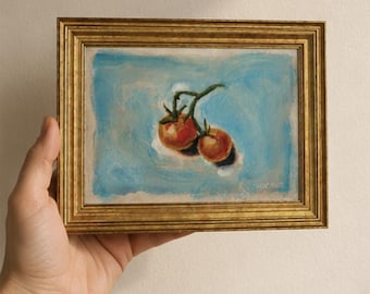 Oryginalny obraz olejny „Pomidor” 5x7 | Sztuka kuchenna w złotej ramie w stylu vintage