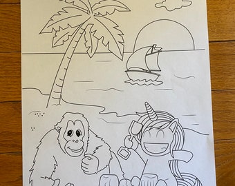 Printable coloring sheets for children unicorn and orangutan beach adventure 5 printable pages of beach scenes cute unicorn coloring prints