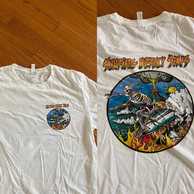 pier wipe out skull trending surfing T beach apparel Surfing skeleton volcano graphic unisex T shirt
