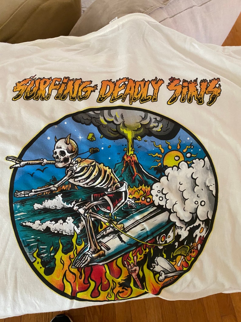 pier wipe out skull trending surfing T beach apparel Surfing skeleton volcano graphic unisex T shirt
