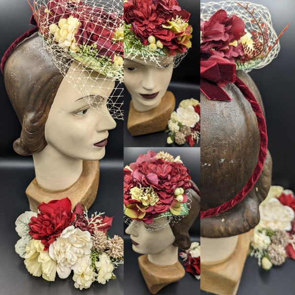 Romantic red percher veiled tilt o-ring hat and corsage set with burgundy red and beige brown flowers 1940s WW2 wedding photoshoot