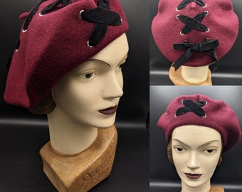 Burgundy red wool beret with laced velvet black ribbon classic Parisian French beret 1930s 1940s 1950s 1960s