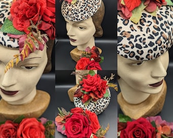 Animal print leopard print percher hat fascinator with red roses, carnation, hydrangea and red velvet foliage corsage 1940s 1950s WW2 weddin