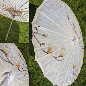 Natural cream white parasol umbrella with magnolia buds 1950s 1960s rockabilly pin-up hot rod wedding photoshoot