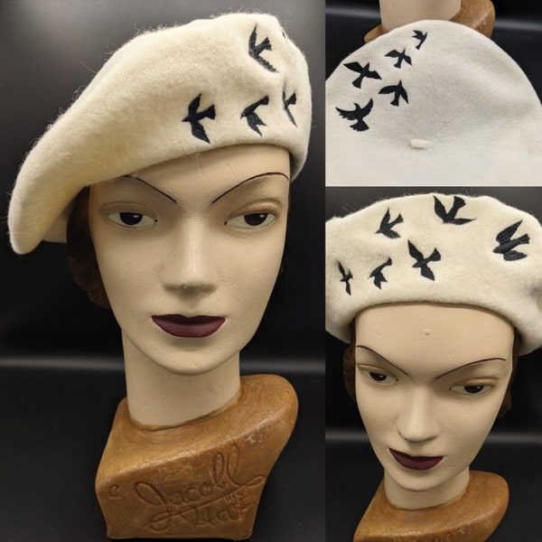 White cream wool beret with embroidered black birds classic Parisian French beret 1930s 1940s 1950s 1960s