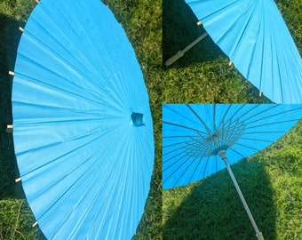 Compact small turquoise paper parasol Burmese Asian Japanese paper parasol 1940s 1950s home decor