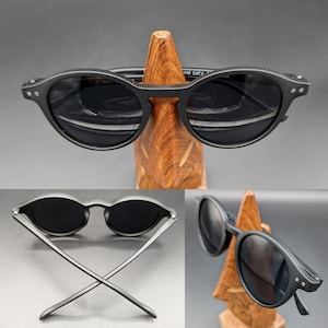 Matt black round shaped polarised sunglasses preppy 1940s WW2 vintage style UV400