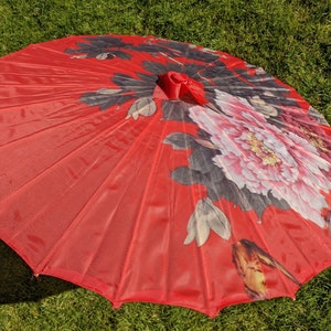 Peony rose flower printed on red parasol umbrella 1950s 1960s rockabilly pin-up hot rod wedding photoshoot